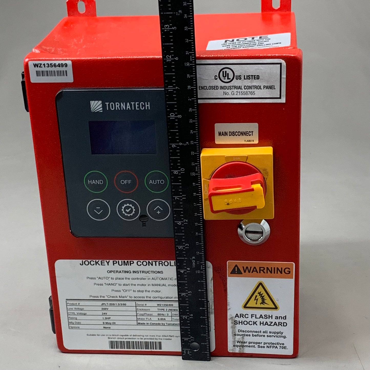 TORNATECH Jockey Pump Controller 12"x9" As-is (see images) Red JPLT-208/1.5/3/60