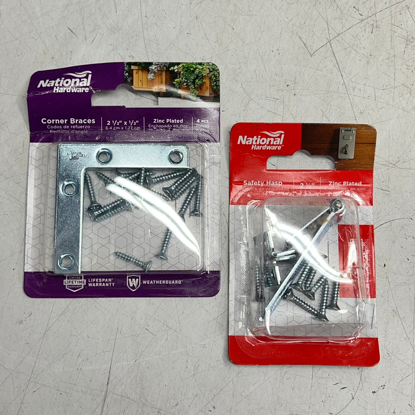 NATIONAL HARDWARE (LOT OF 4) Outdoor Hardware, Self Adjusting Latch, Safety Hasp & Corner Braces Silver/Black