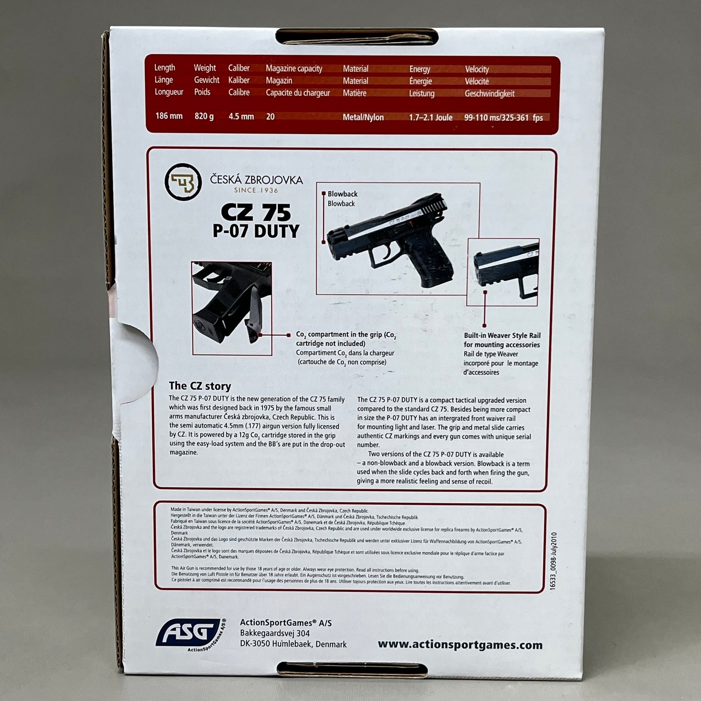 Z@ ASG Česká Zbrojovka Air Gun Gun Blowback Replica Steel BB CZ75 P-07 DUTY 16533