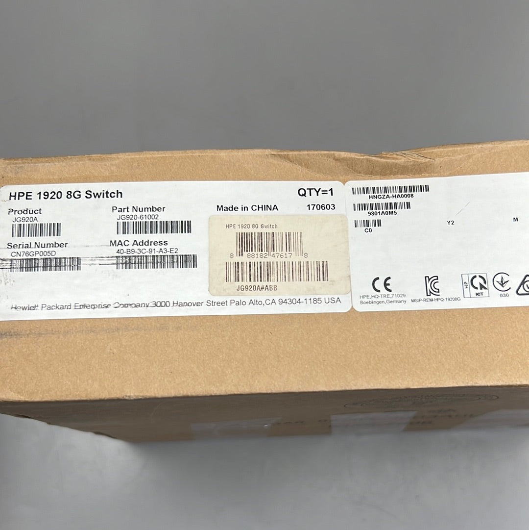 HEWLETT PACKARD JG920A 1920-8 Port  8Gigabit  2 SFP Switch with Mounting Brackets