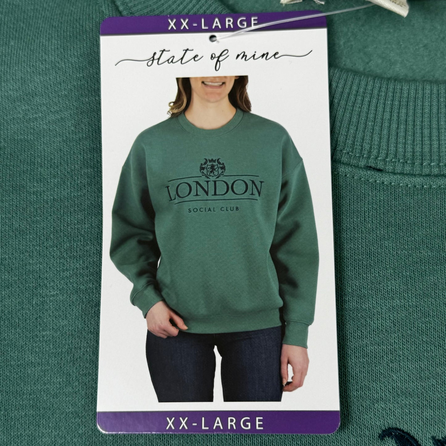 STATE OF MINE London Embroidered Crewneck Hoodie Sage Women's Sz XXL 15711