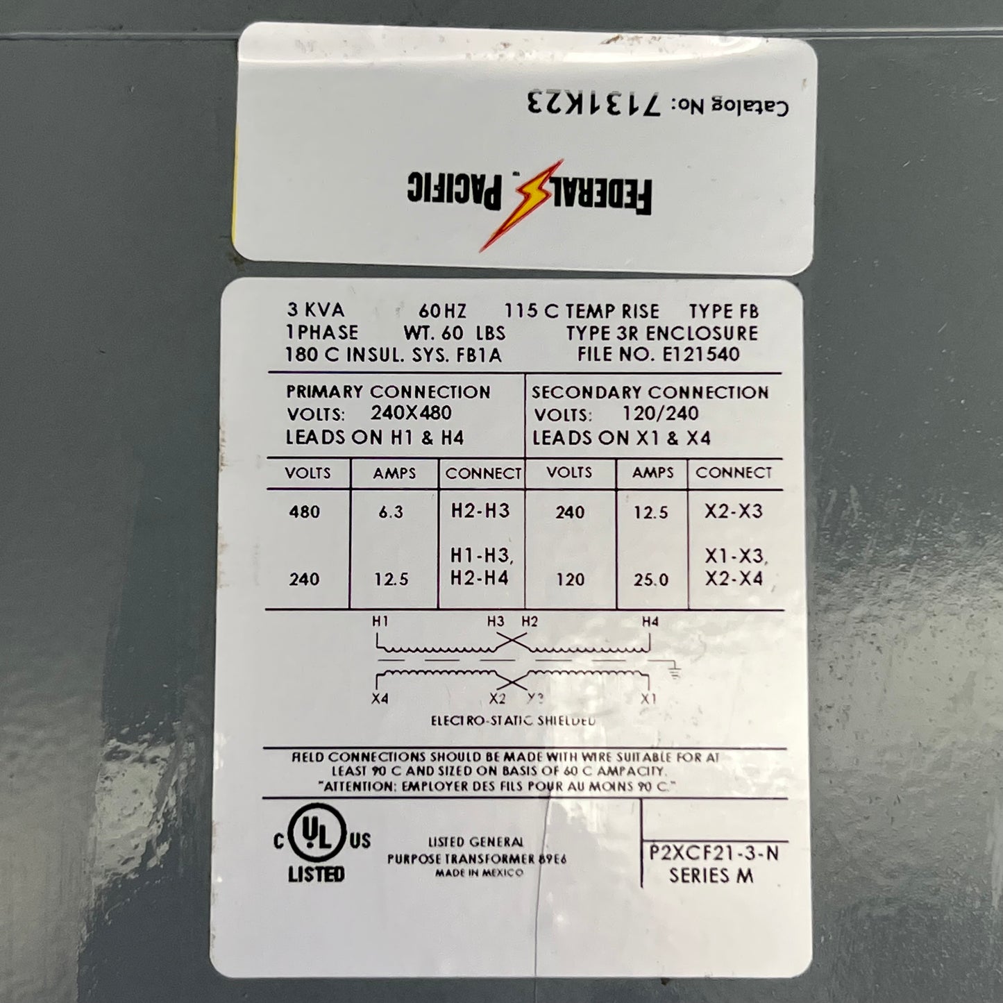 FEDERAL PACIFIC Transformer Non Ventilated 240/480V Input, 120/240 Output 3000VA/3 Kva Load Rating P2XCF21-3-N