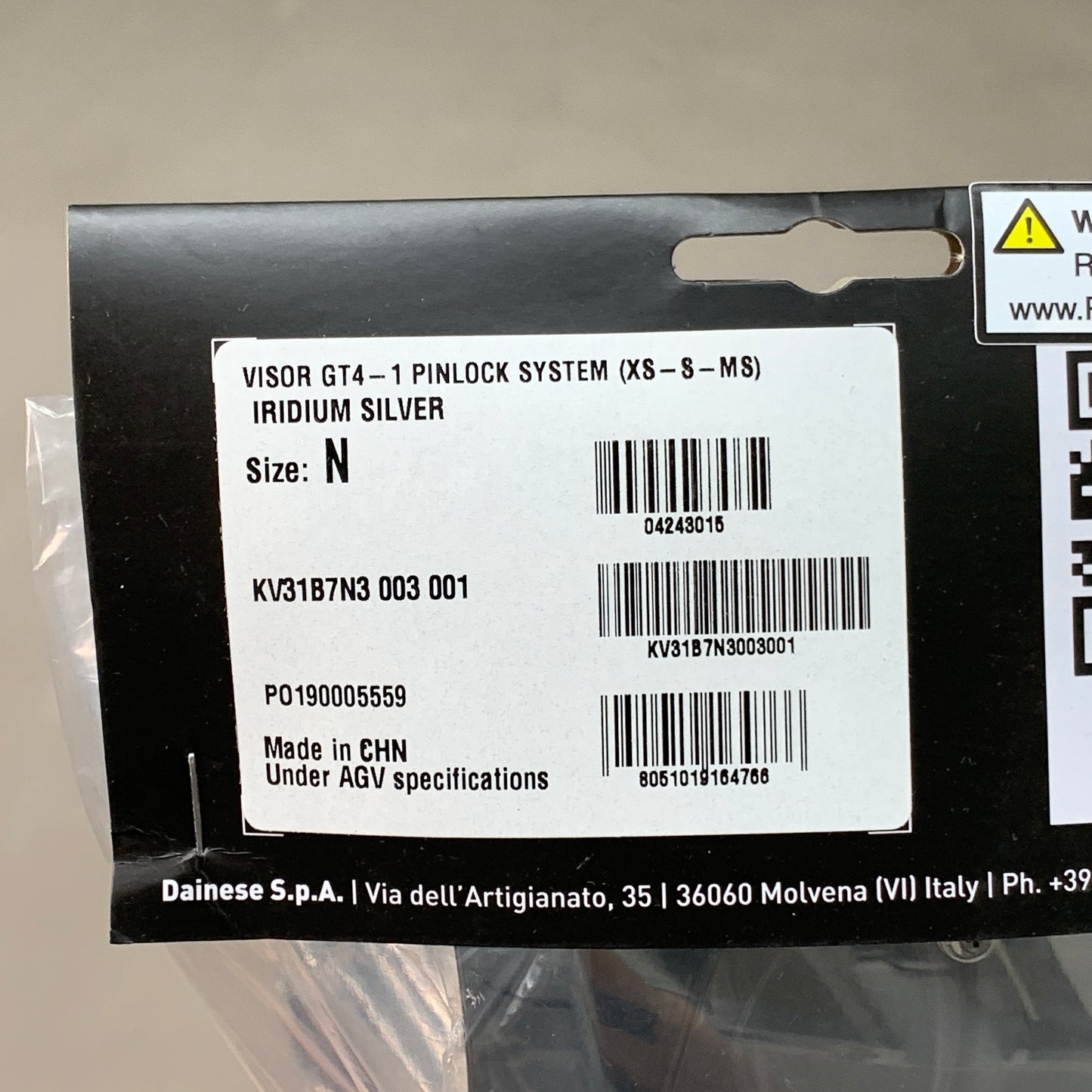 AGV Shield Visor GT4 Pinlock System Sz XS-MS N Iridium Silver KV31B7N3 003 001 (New)