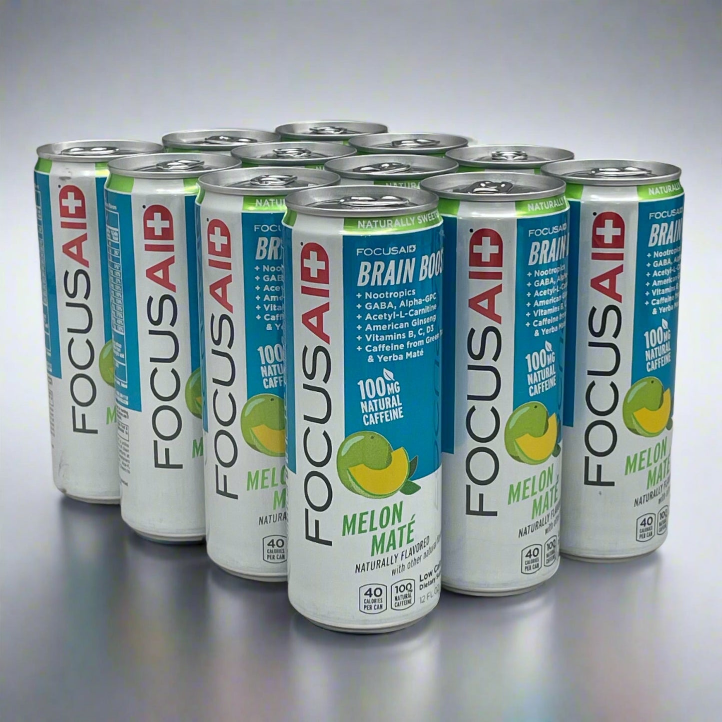 FITAID (12 PACK) FocusAid Melon Maté BrainBoost 40 Cal 100mg Caffeine 12 oz 10/25