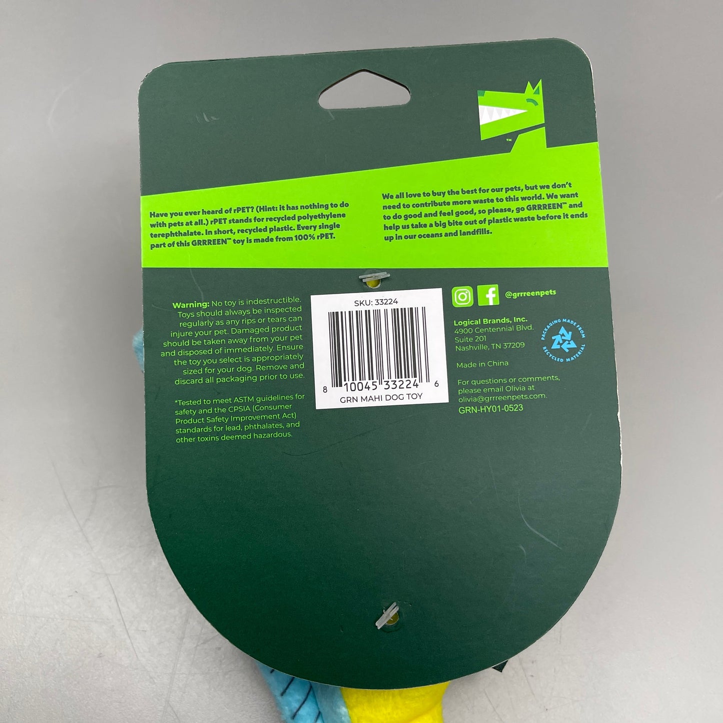 GRRREEN Mahi Mahi Fish Plush Dog Toy Squeaky for Interactive Play