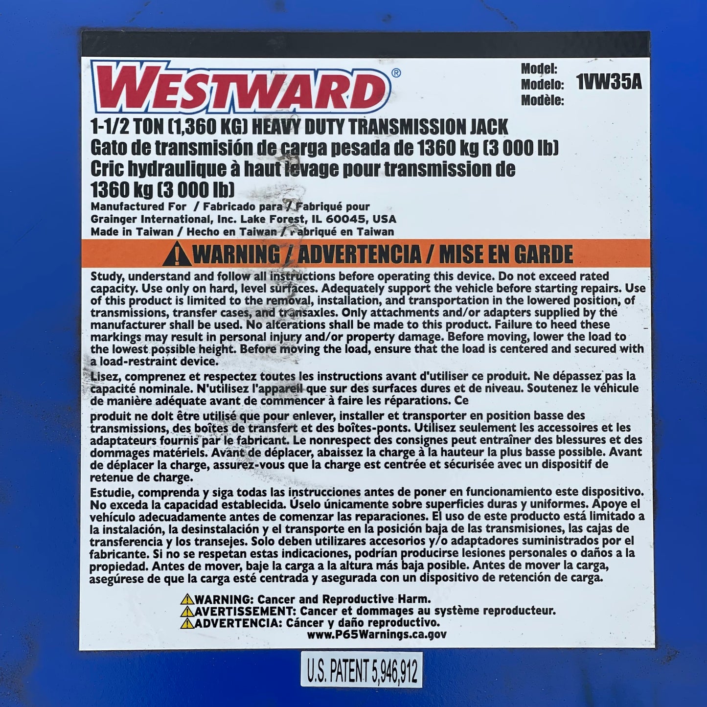 Z@ WESTWARD Heavy Duty Transmission Jack 1-1/2 ton Blue 1VW35A (New)