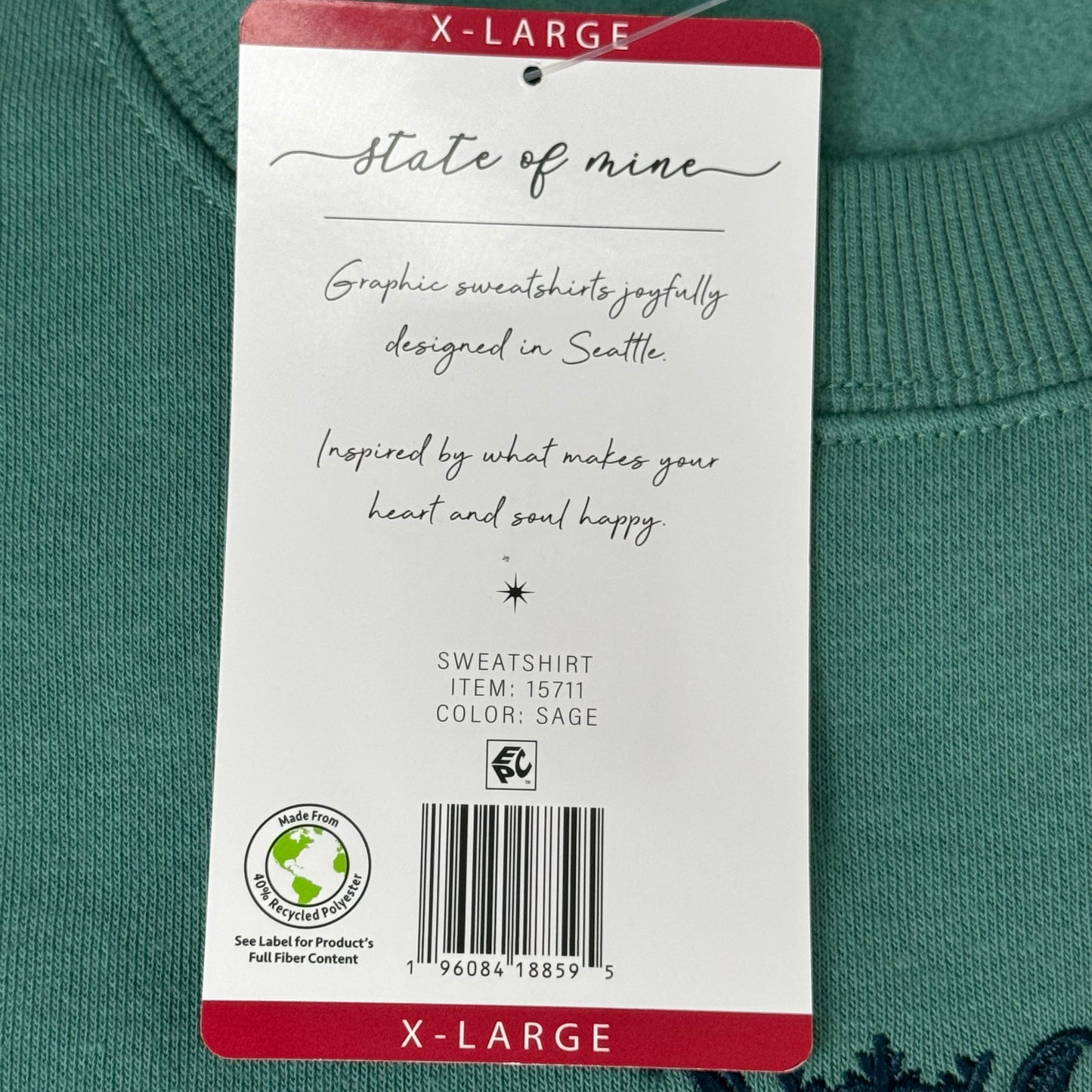 STATE OF MINE London Embroidered Crewneck Hoodie Sage Women's Sz XL 15711