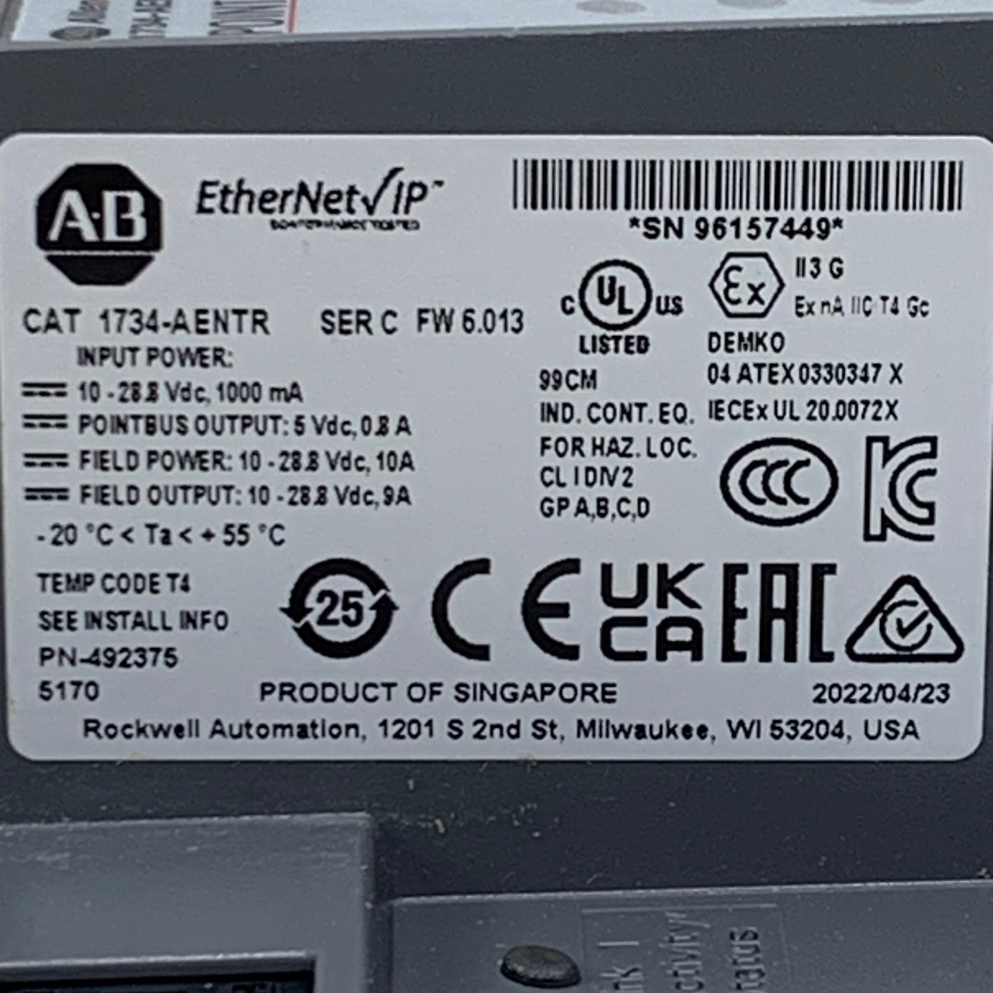 ALLEN BRADLEY Point I/O 2-Port EtherNet I/O Adapter Module 5.5" x 3" Grey 1734-AENTR