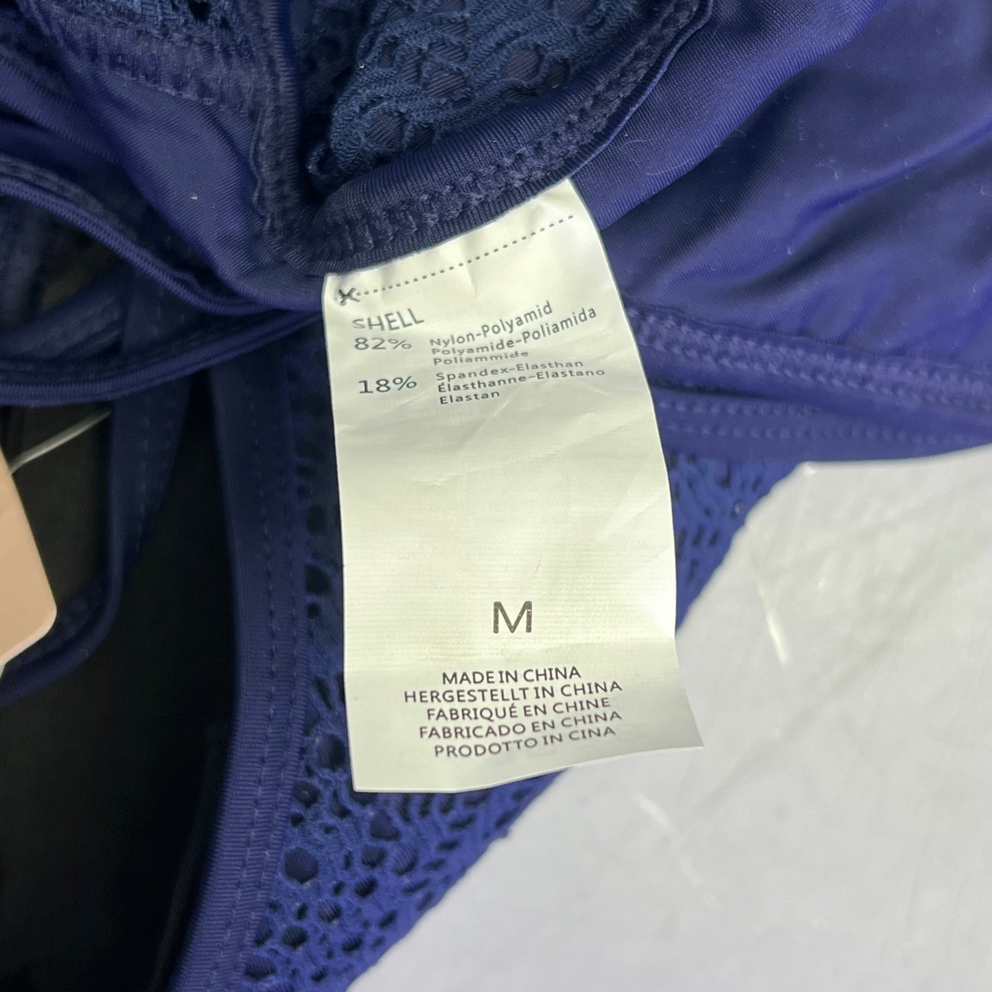 CHARMO Solid Cross Plunge Crochet One Piece Swimsuit Women's Sz M Dark Navy