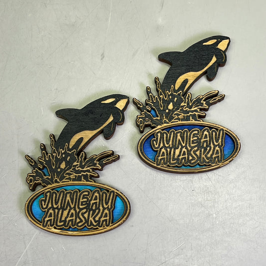 Z@ (2 PACK) Killer Whale Jump Laser Cut Wood Magnet Souvenir JUNEAU, AK Made In USA