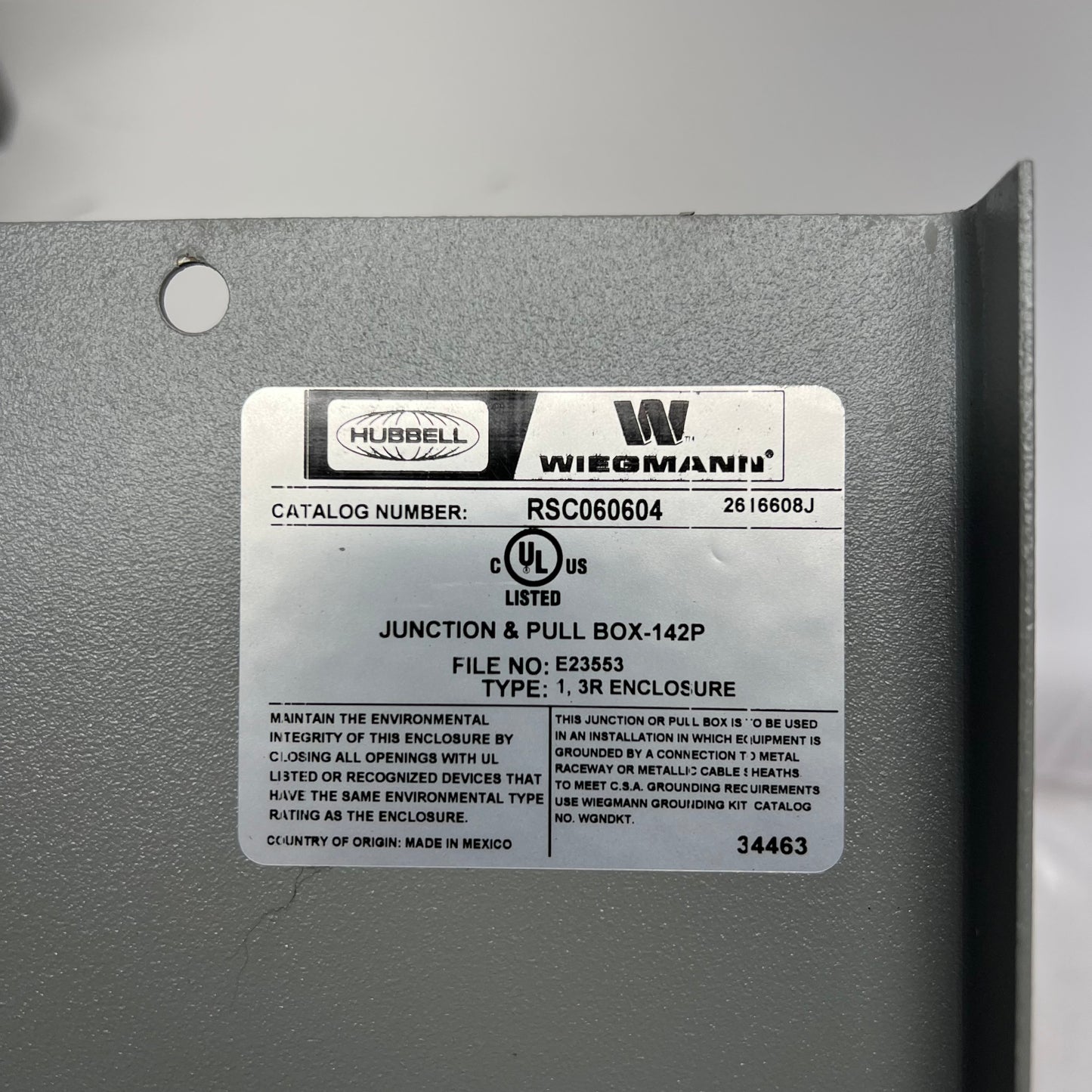 HUBBELL Wiegmann N3R Screw Cvr Wall Mount Carbon Steel 6x6x4 RSC060604 (As-Is)