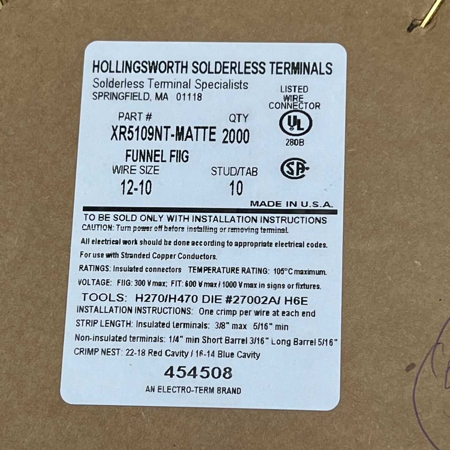 ELECTRO TERM (2000 ROLL) Hollingsworth Solderless Terminals 12-10 XR5109NT-MATTE