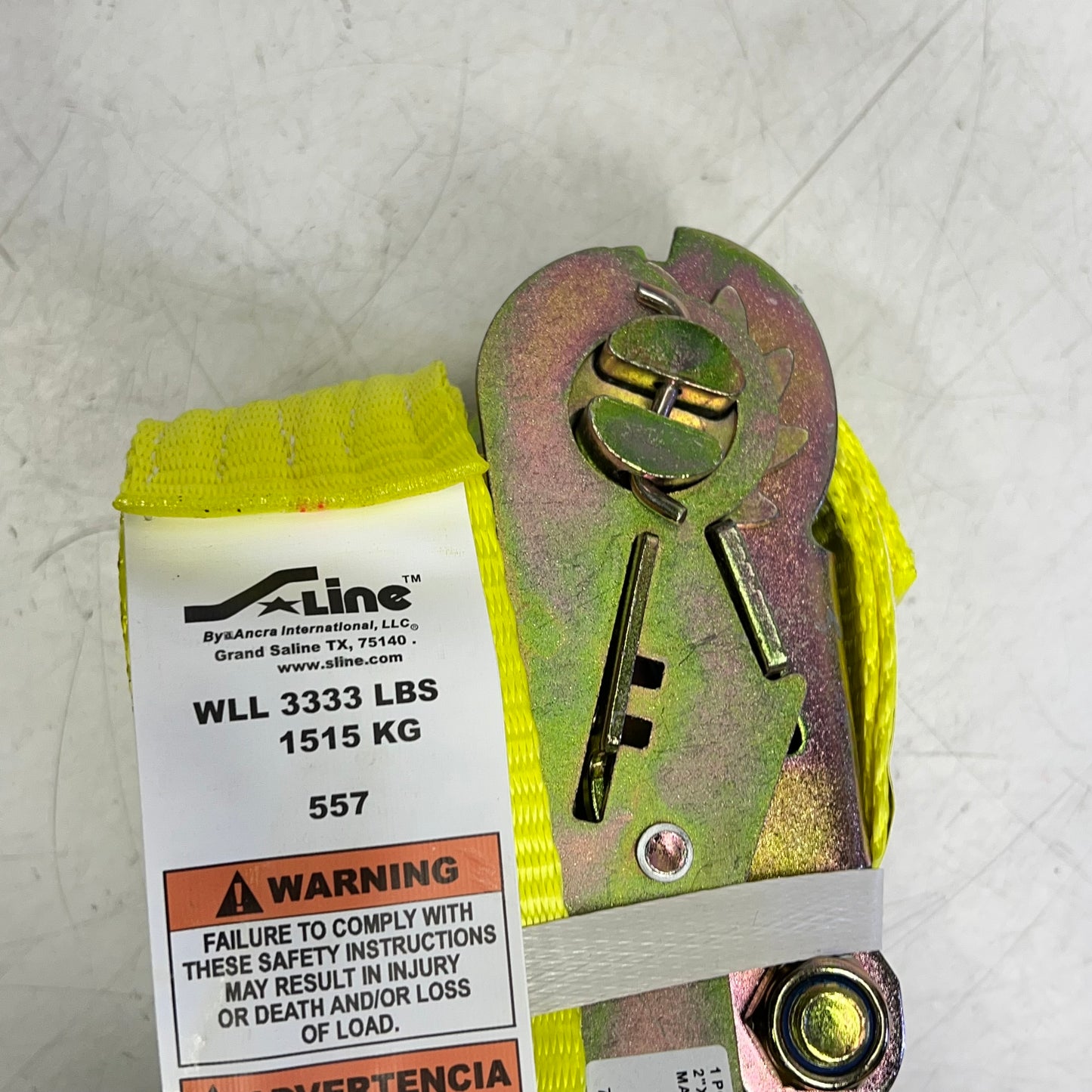 ANCRA Ratchet Strap W/ Flat Hook Latex Coated  2"x27' - 3,333 lbs Cap Yellow 557