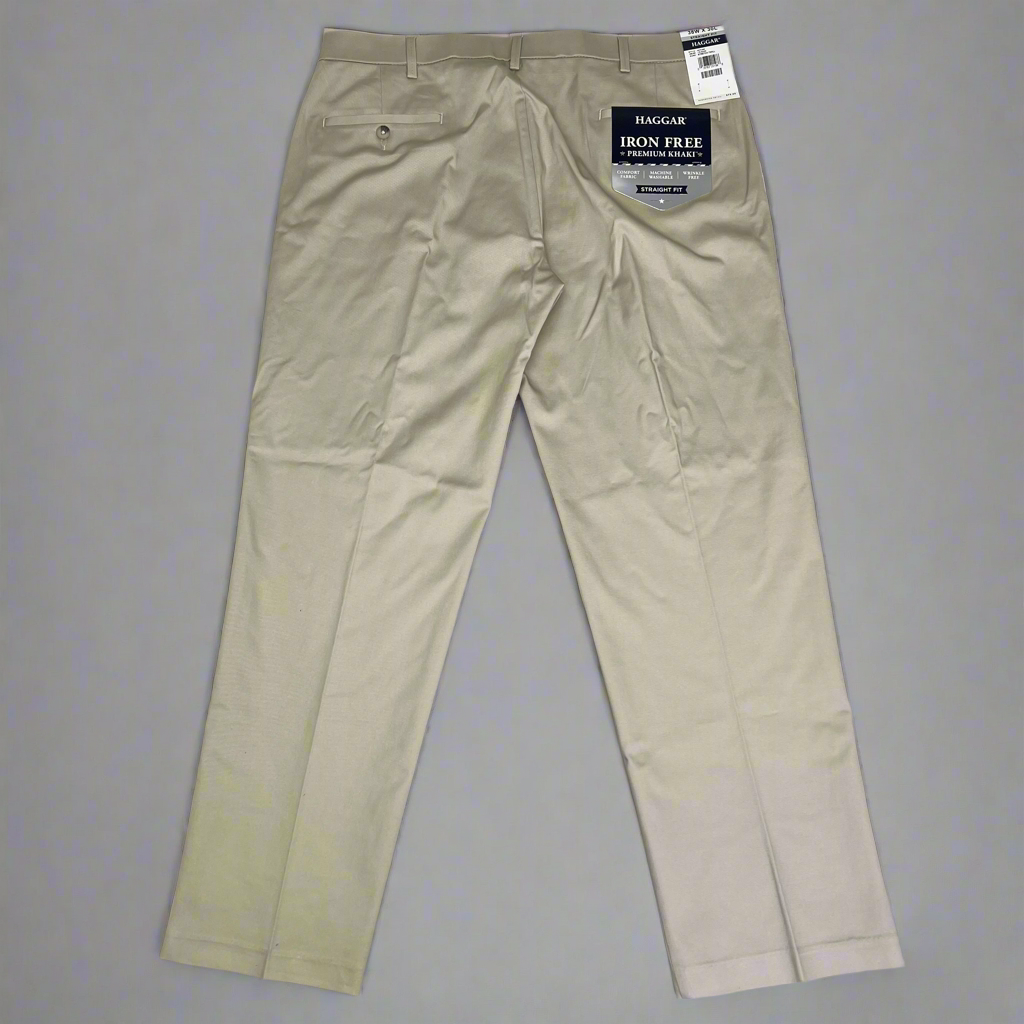 HAGGAR Iron Free Comfort Waistband Pant Straight Men's Sz 38Wx30L Khaki HC71000