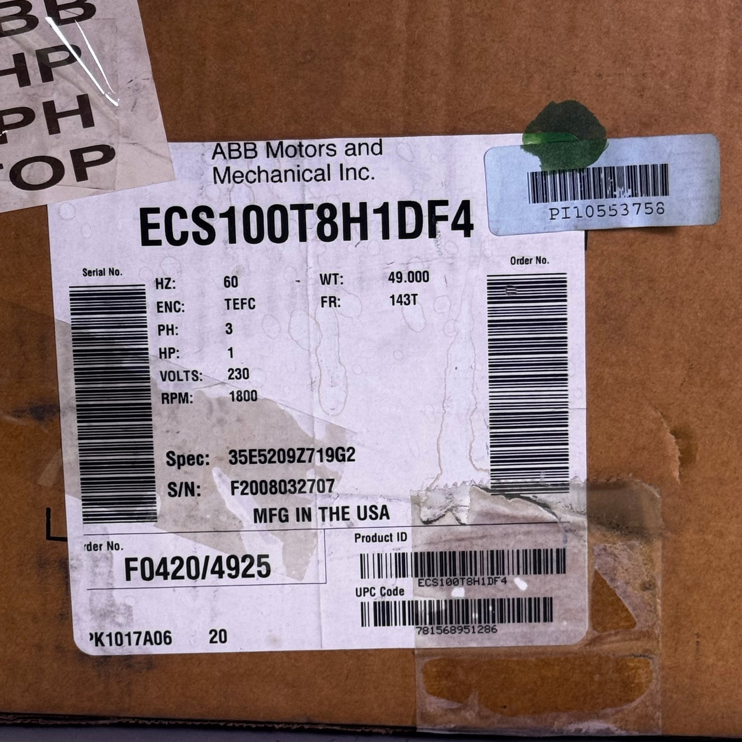 BALDOR RELIANCE Motor 230V/1HP 12"L x 6"W x 11"H Grey EC8100T8H1DF4