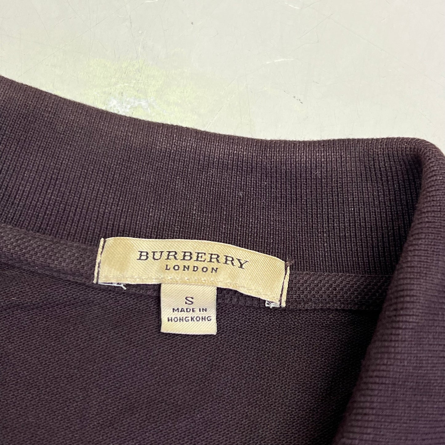BURBERRY Rib Knit Cotton Polo Shirt w/ Signature Plaid Mens Sz S Brown (Used)