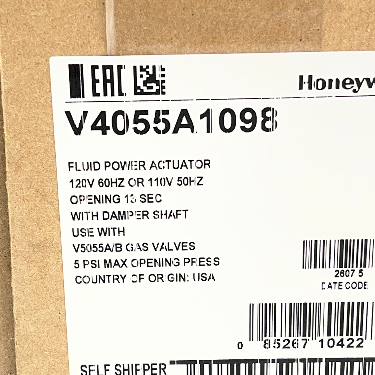 HONEYWELL On-off Fluid Power Gas Valve Actuator W/ Damper 5 PSI V4055A1098
