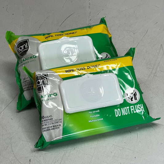 SANI (2 PACK Of 90 Wipes) Cleaning Multi Surface Wipes Sz 7" x 11.5", White A580FW BB 04/28