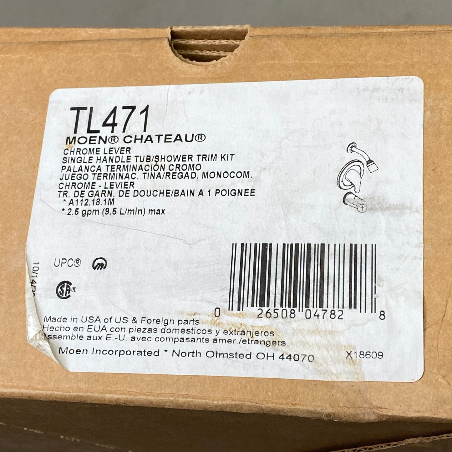 MOEN (3 Piece) Single Handle Tub/Shower Trim Kit 7.62"x7.62"x4.75" Chrome TL471