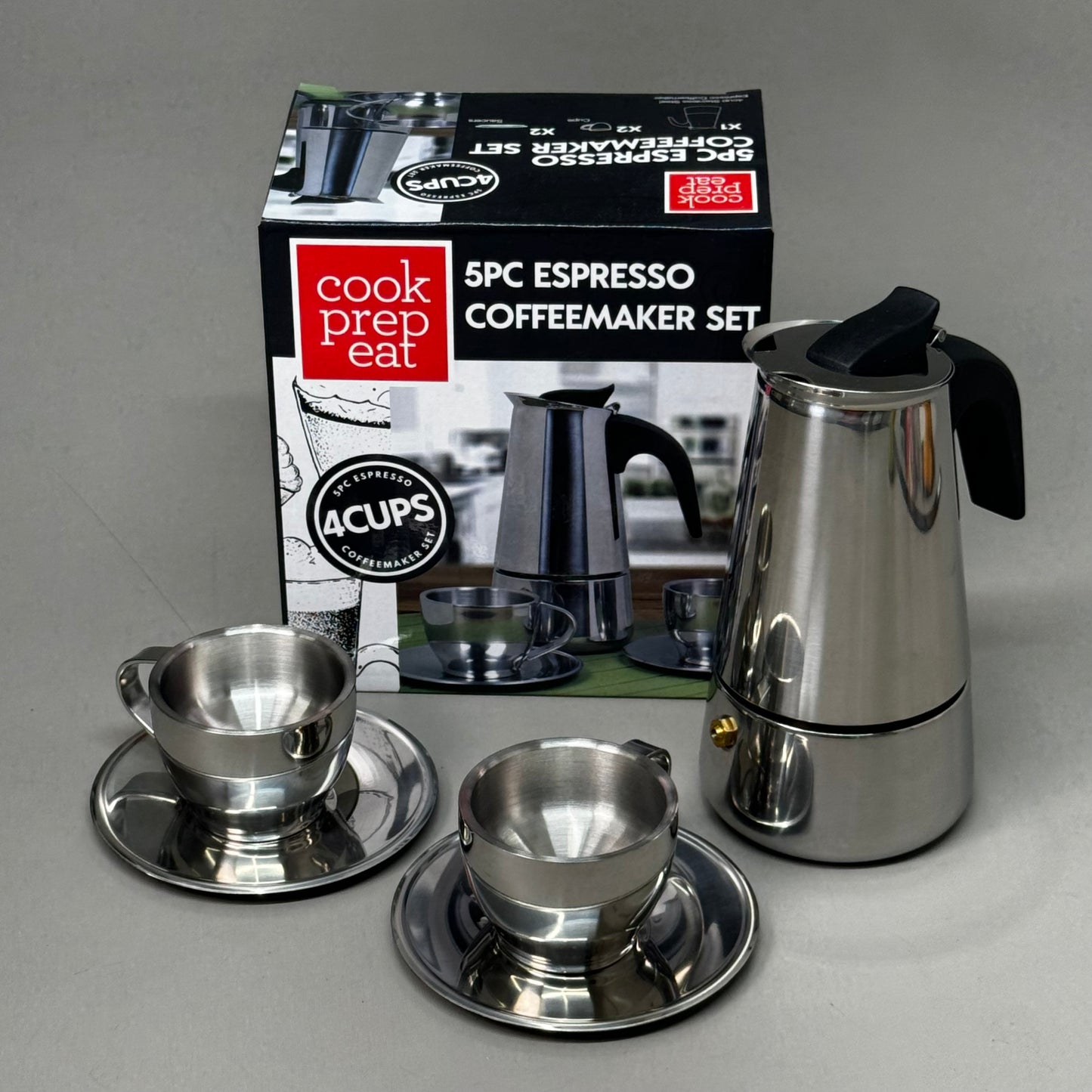 COOK PREP EAT 5-Piece Stainless Steel Espresso Coffee Maker w/ Cups Set 13435193