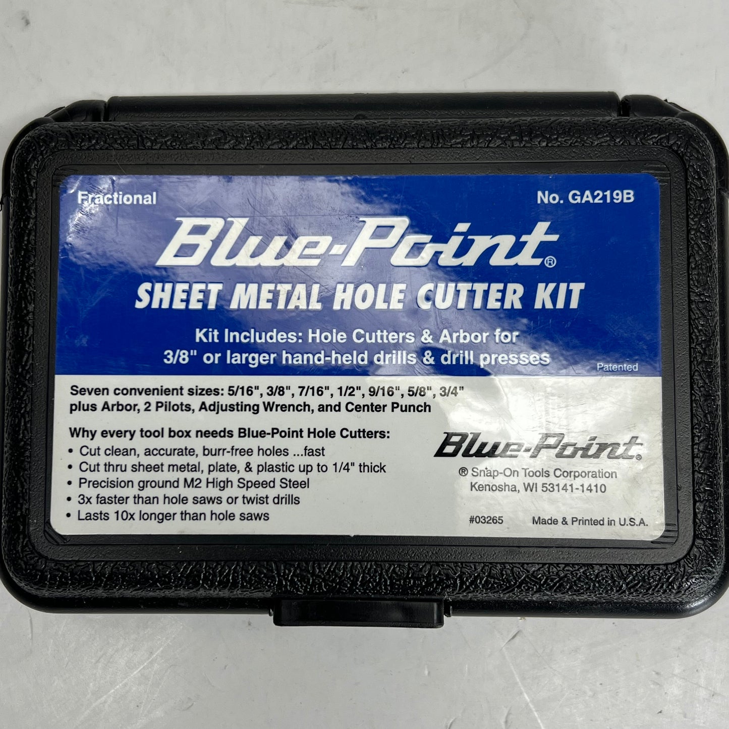BLUE POINT Snap on Sheet Metal Hole Cutter Kit Design Prevents Clogging GA219B