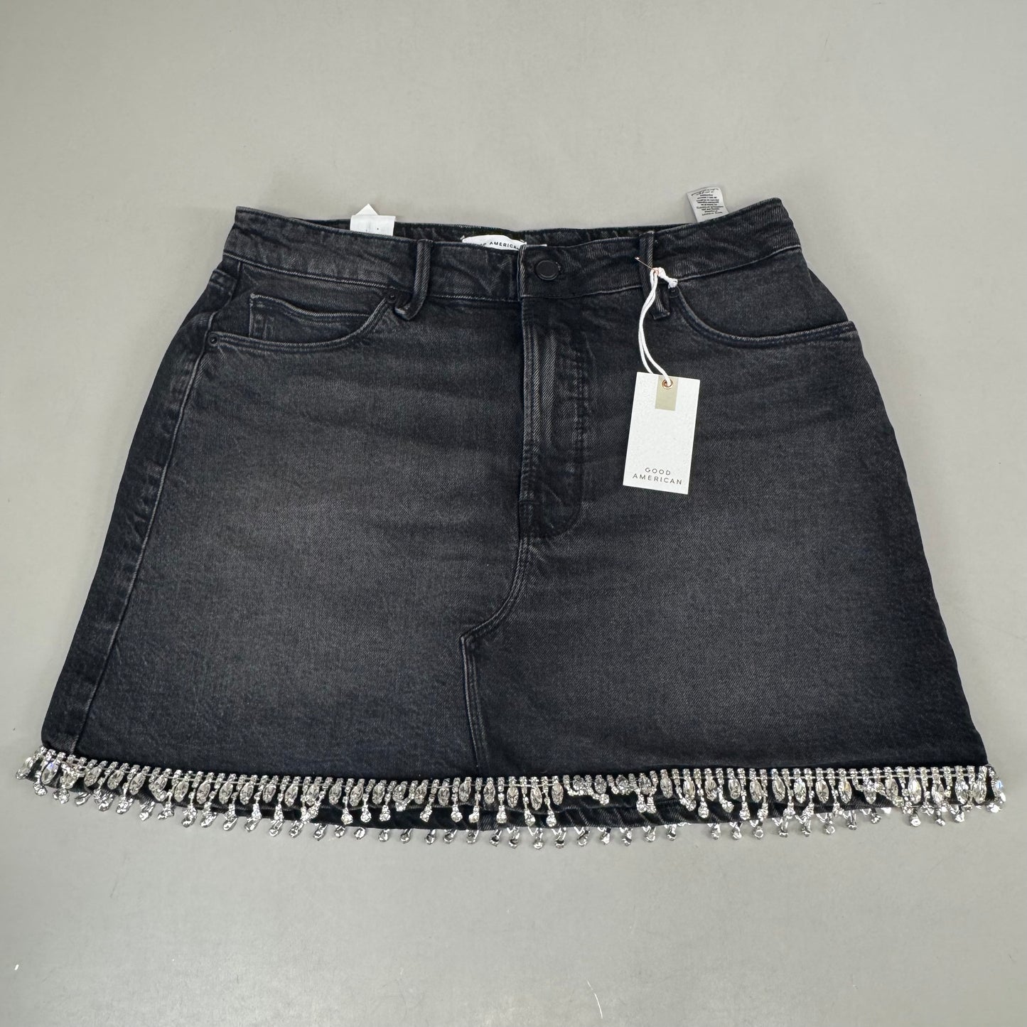 GOOD AMERICAN Denim Crystal Trim Skirt Women's Sz 10 Black376 GFD301