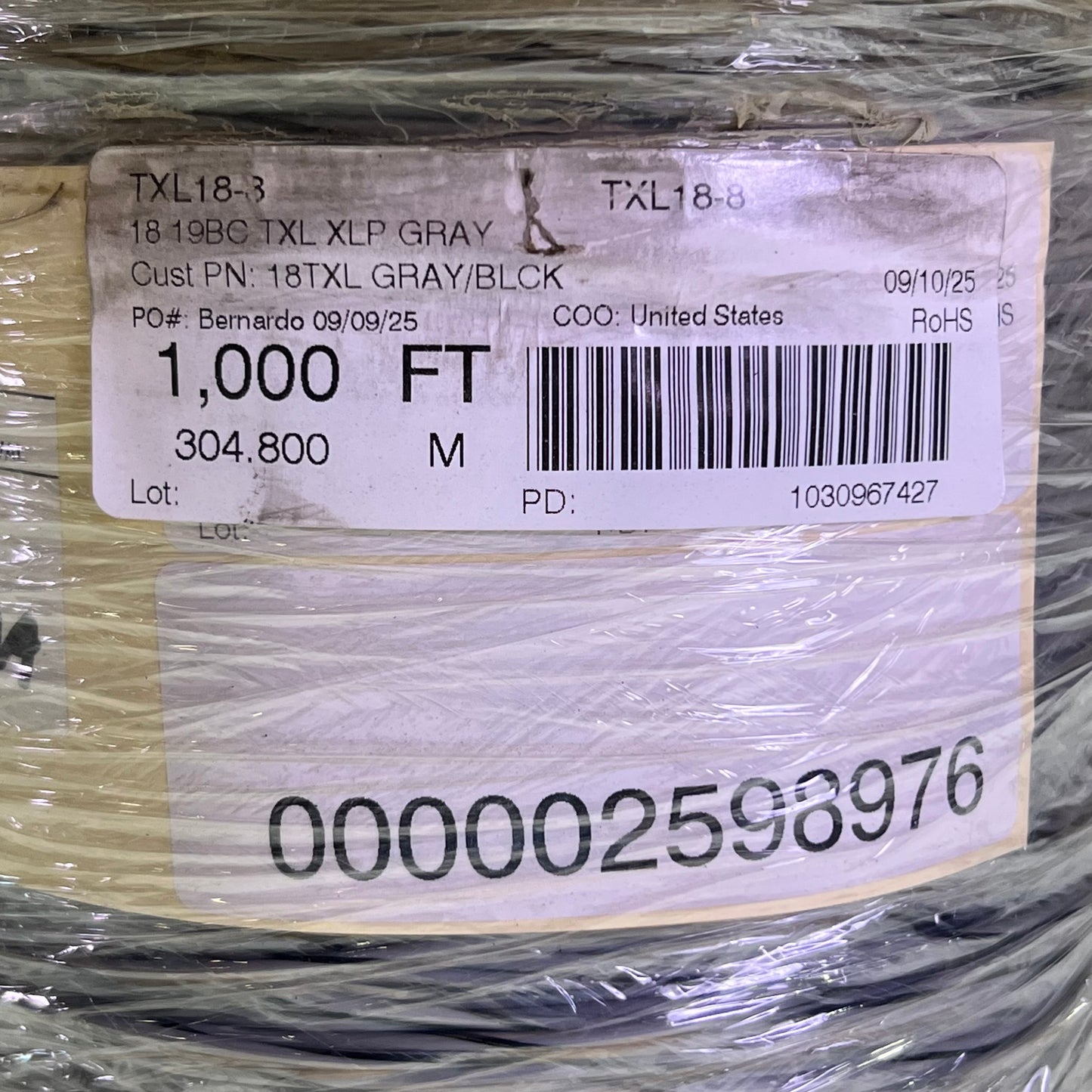 1000' TXL18-8 Automotive Hook Up Wire 18 19BC TXL XLP Gray