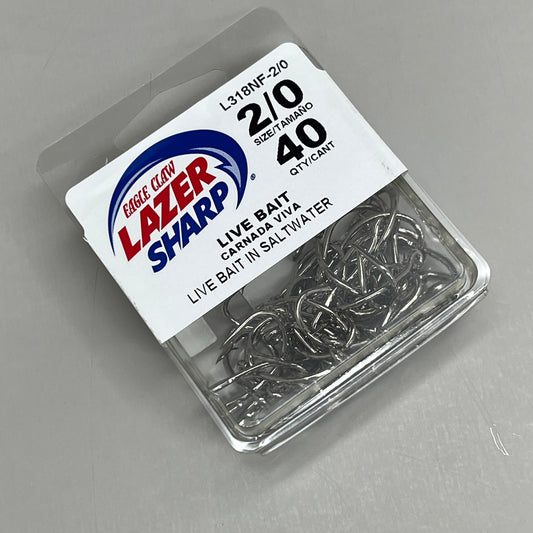 EAGLE CLAW Lazer Sharp Live Bait in Saltwater Fishing Hook #2/0 40pc L318NF-2/0