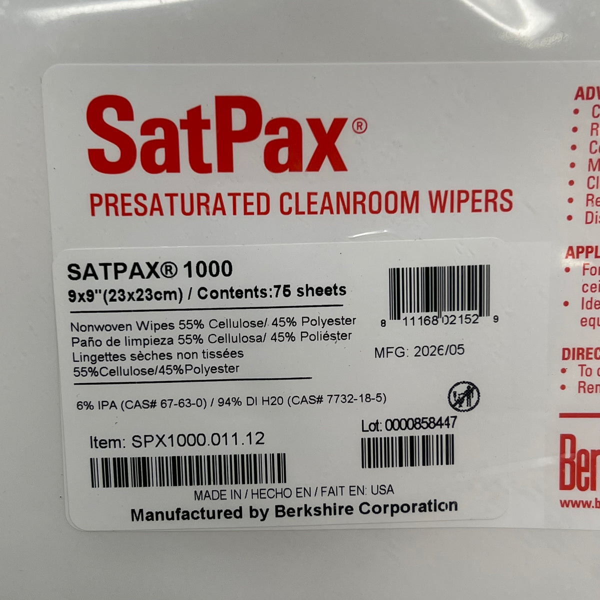 BERKSHIRE (12 PACK, 75 SHEETS EACH) Sat Pax Presaturated Cleanroom Wipers 9x9"