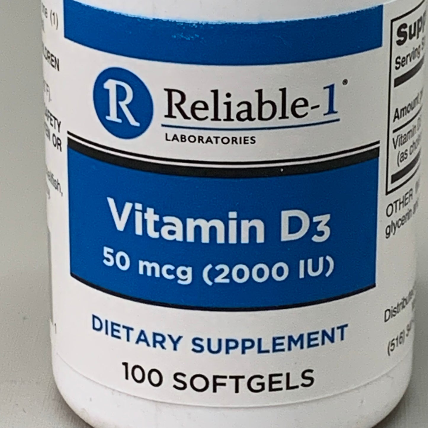 RELIABLE 1 Vitamin D3 2000 IU Soft Gel 100ct White 1471-3210 BB-05/2026