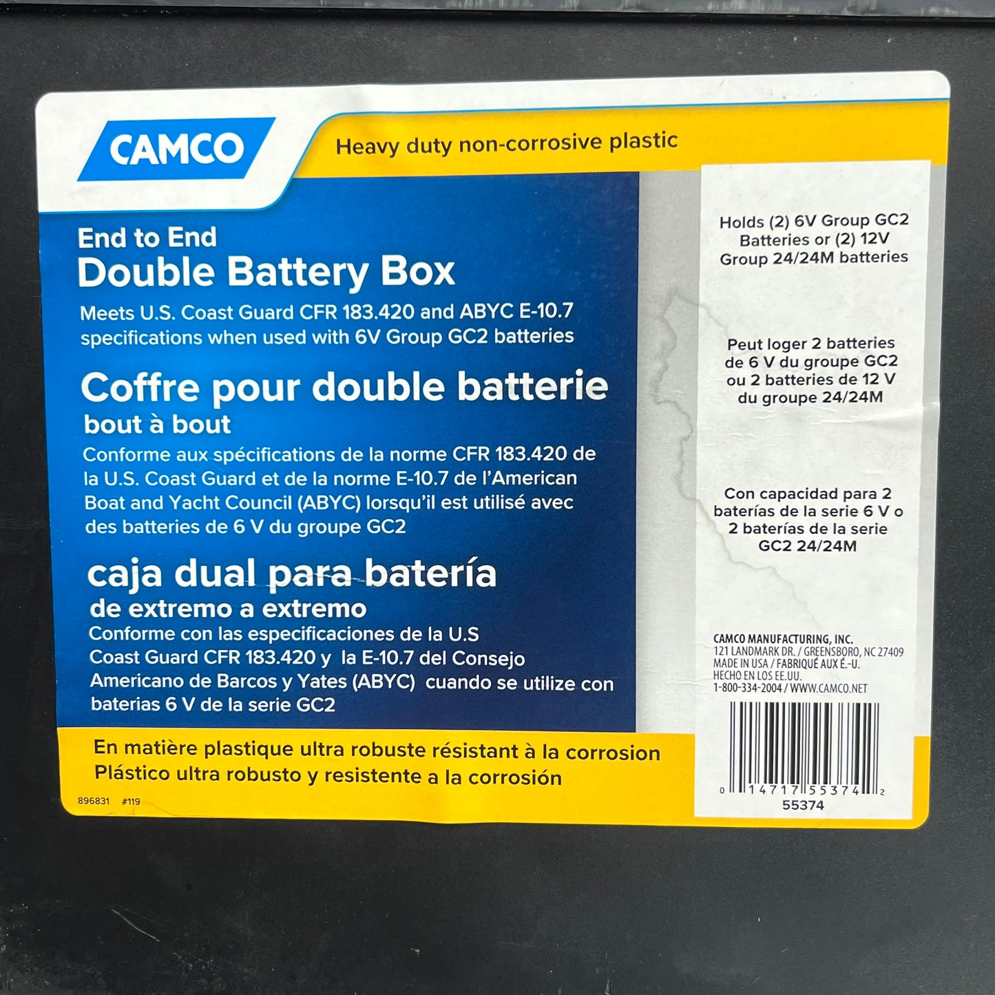 ZA@ CAMCO  End to End Double Battery Box for Automotive, Marine & Rv  23"x9" Black 55374