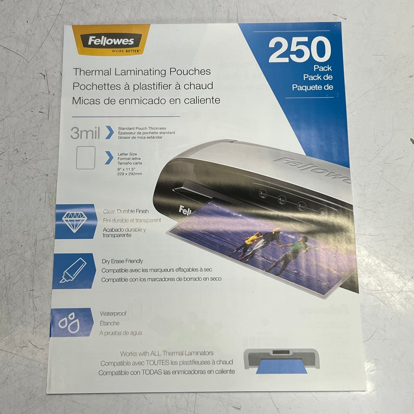 FELLOWES (250 PACK) Thermal Laminating Pouches Letter 3 MiL Sz 9" x 11.5" Clear 5406501