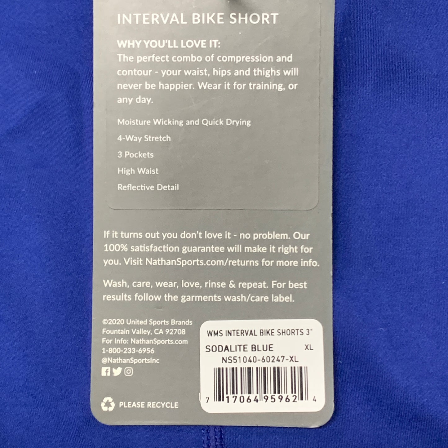 NATHAN Interval 3" Inseam Bike Short Women's Sodalite Blue Sz XL NS51040-60247-XL