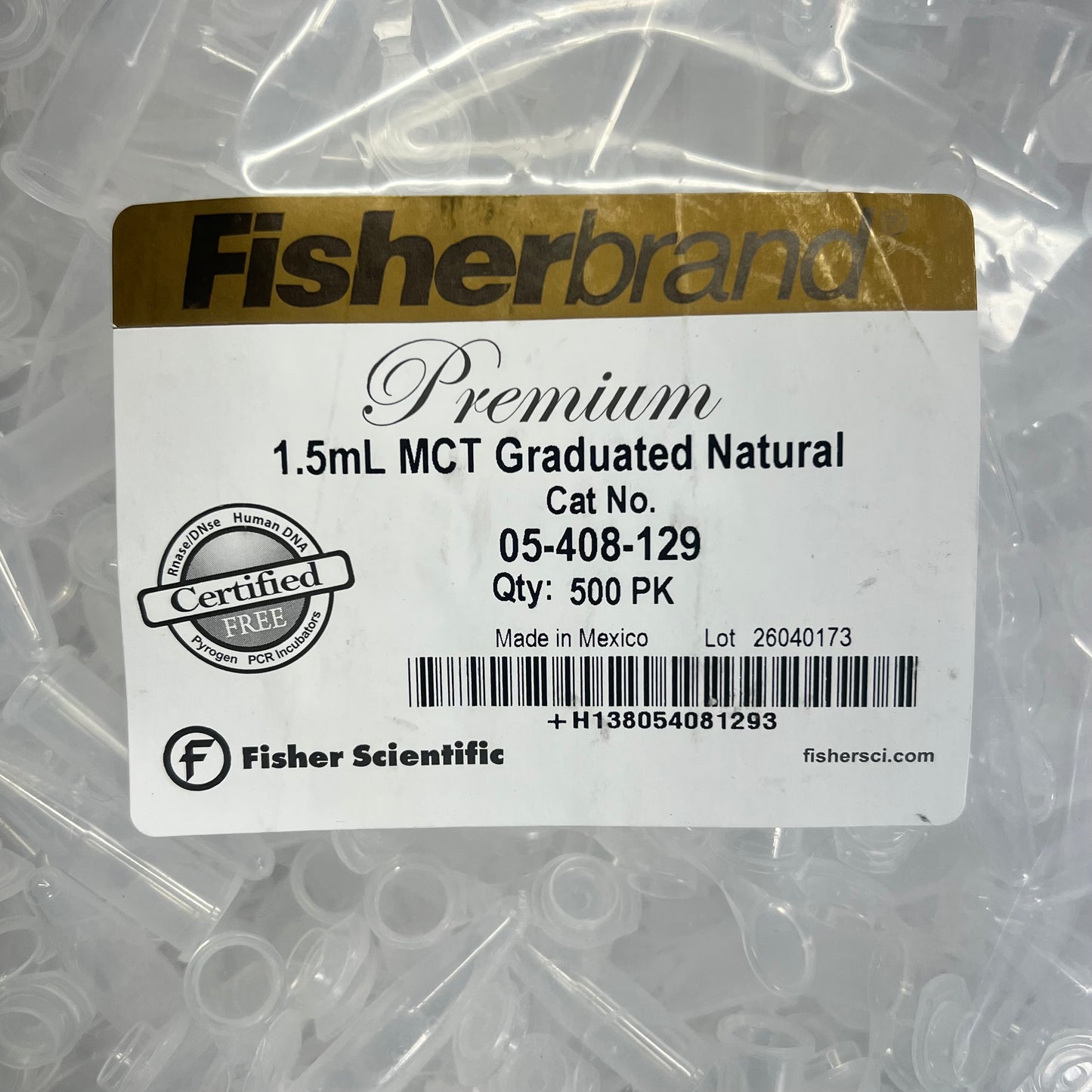 FISHER BRAND (500 PACK) Premium Microcentrifuge Tubes 1.5mL Natural 05-408-129