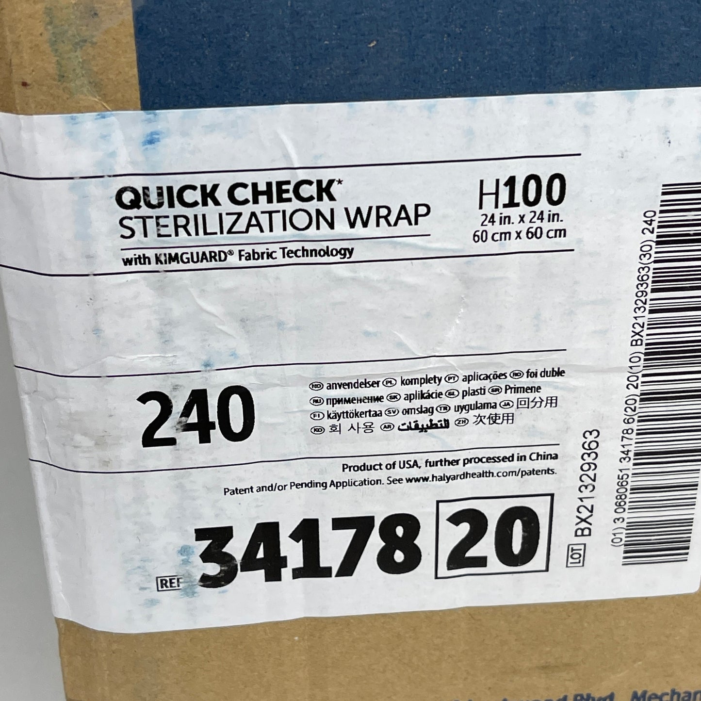 HALYARD 240-PACK! Quick Check Sterilization Wrap H100 24" x 24" Light Blue 34178