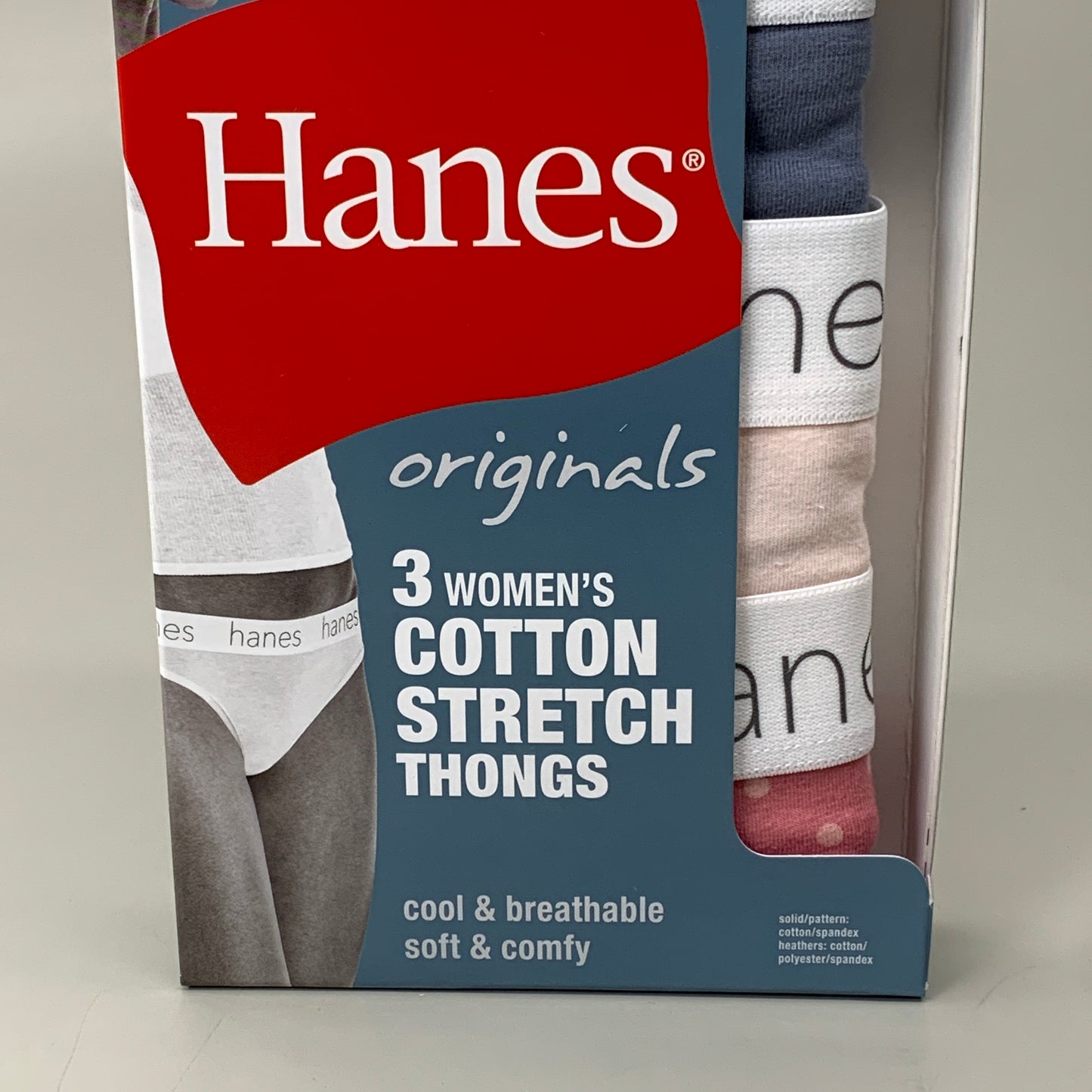 HANES 3 PACK!! Originals Women's Breathable Cotton Stretch Thongs Underwear Sz 6/M Blue/Buff/Pink 45OUBT