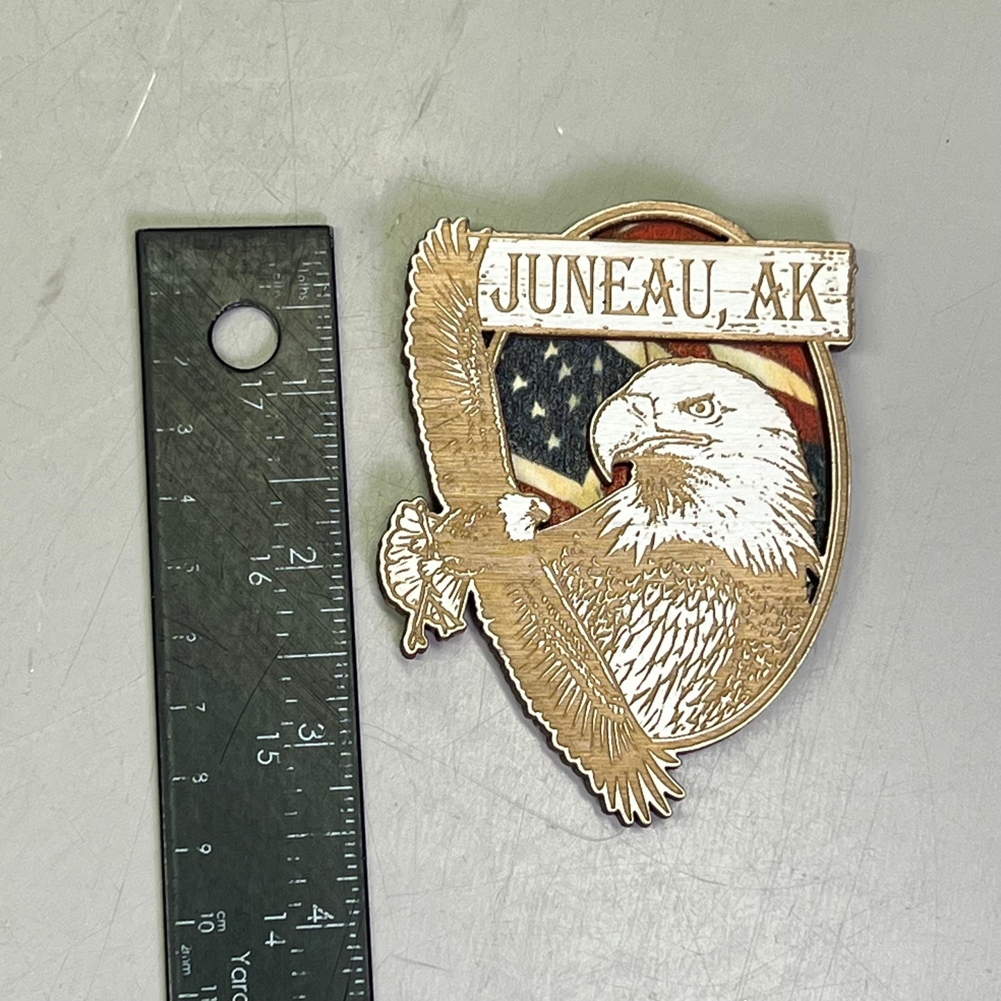 (2 PACK) American Eagle w/ Flag Lasered Wood Magnet Souvenir From JUNEAU, AK