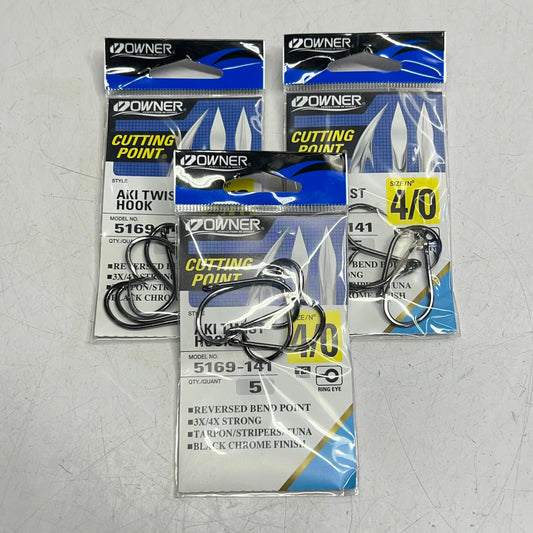 OWNER (3 PACK, 5 EACH) Aki Twist Straight Eye 4/0 Black Chrome Finish 5169-141