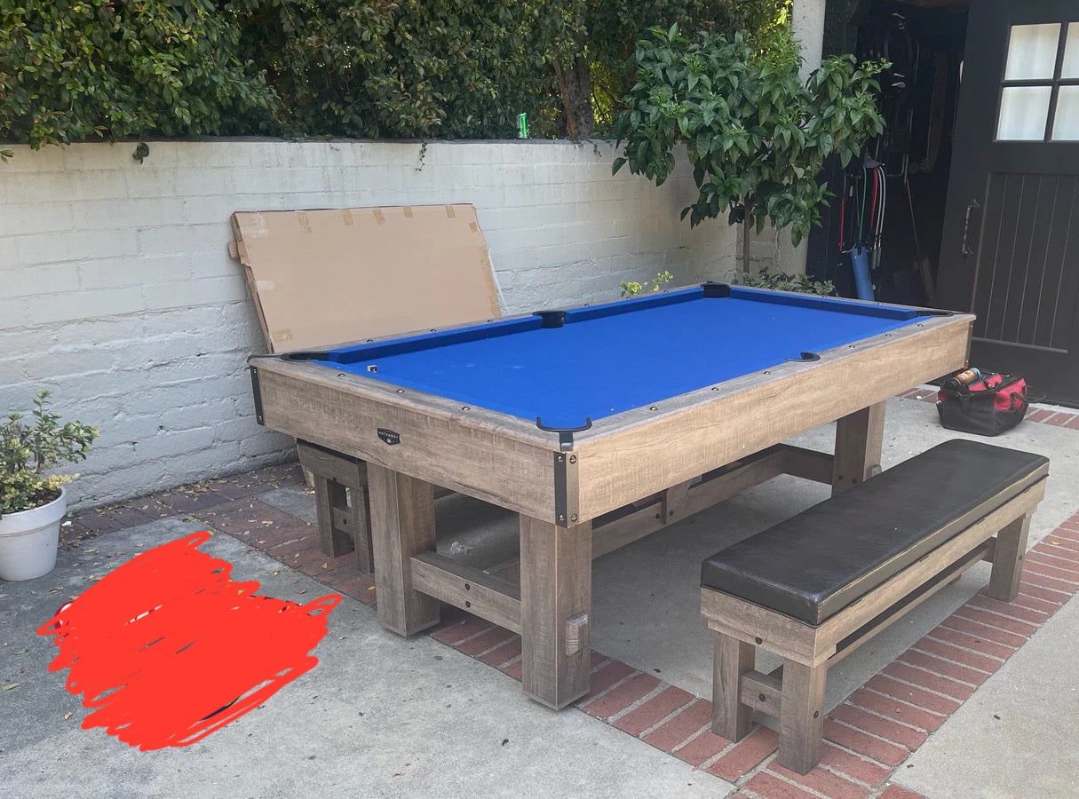 Z@ HATHAWAY LOGAN 7-ft Pool Table Combo Set w/ Benches, Rustic Gray w/ Blue Felt BG50348 (New, Damaged Box)