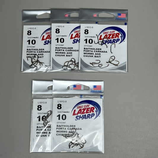 EAGLE CLAW (5 PACK) Sharp Worms & Chunk Baitholder Hook Bronze #8 10pc L181G-8