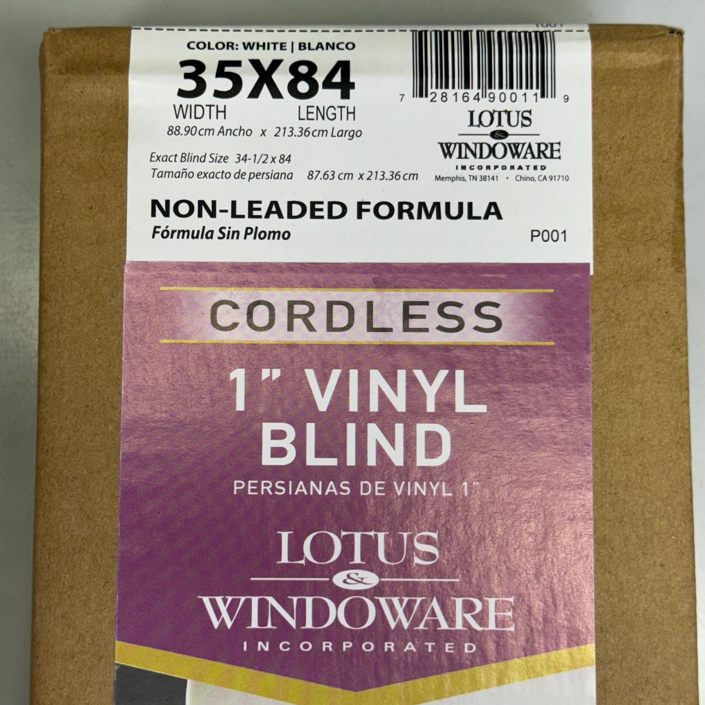 LOTUS & WINDOWARE 1" Vinyl Blind Cordless 35" x 84" White MLX3584WH