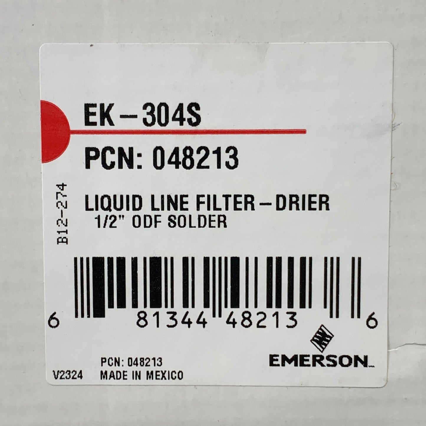 EMERSON Liquid Line Filter Drier 30 Cubic Inch 1/2" ODF Solder EK 304S 048213