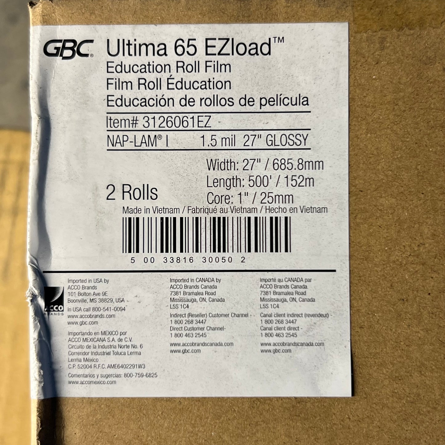 GBC (2 Rolls) Laminating Ultima 65 Ezload Education Roll Film 27"W x 500'L Clear 3126061EZ