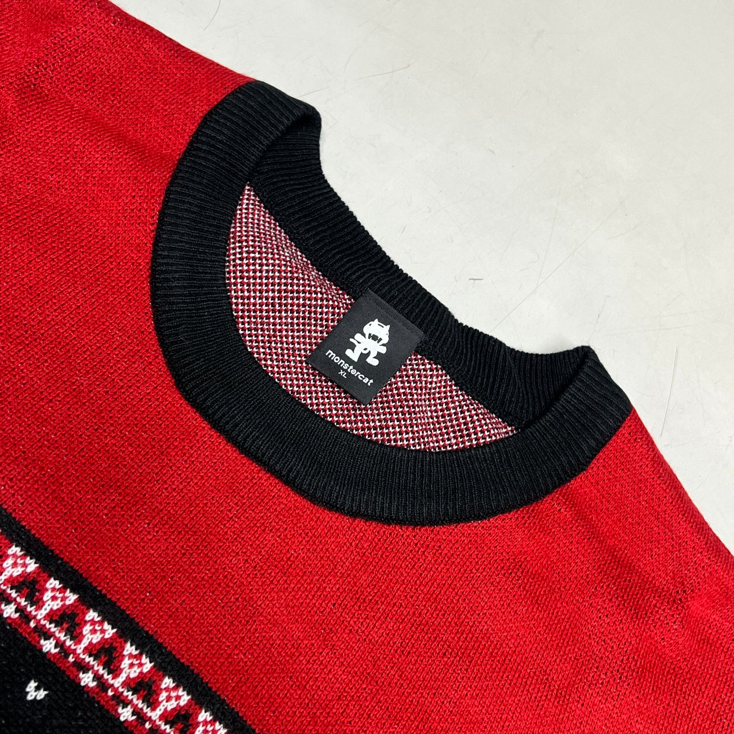 MONSTERCAT Records Holiday Intarsia Pullover Sweater Men's Sz XL Deep Red/Black