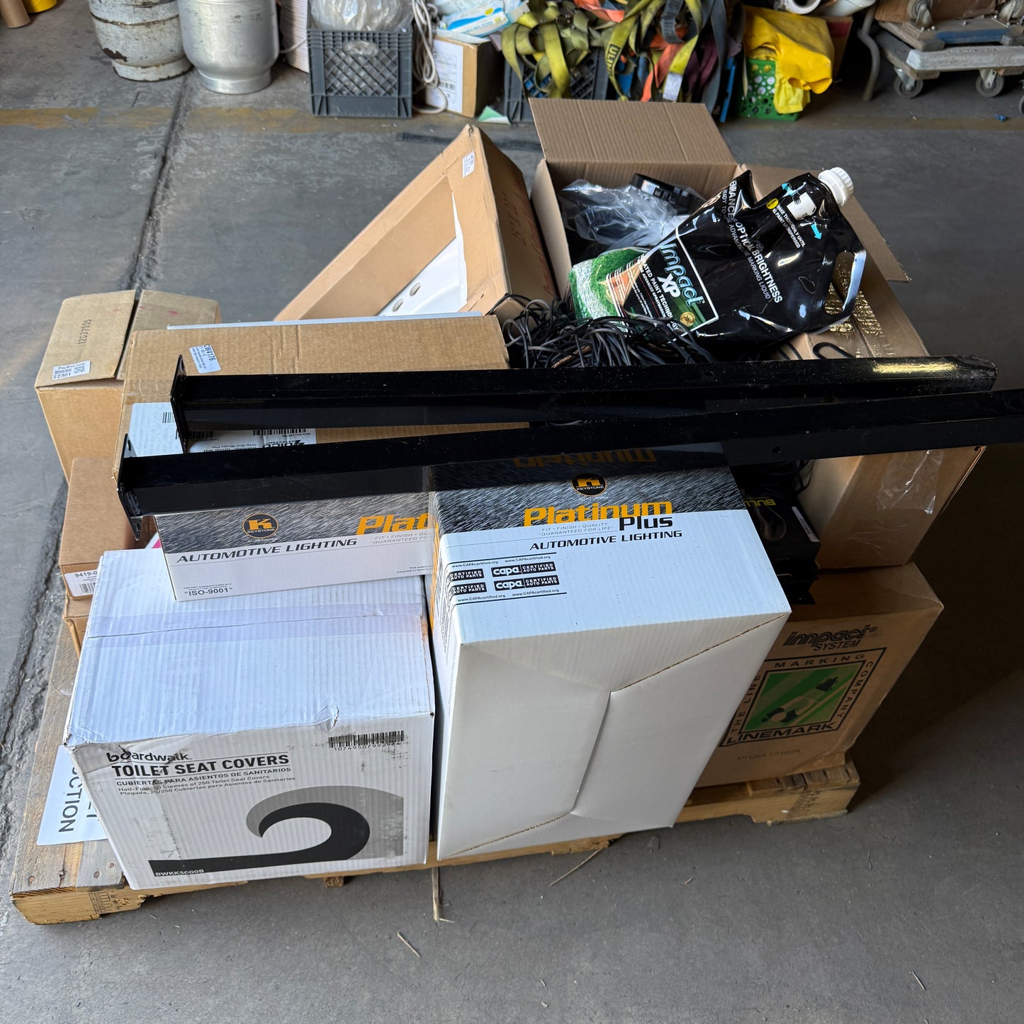 ZA@ Pallet of MIXED Rubber Trim, Currency Straps, Toilet Seat Covers, Automotive, Lighting, Honda Genuine Parts, Sink, Toner, Marking Paint,Syrup & MORE! (AS-IS)