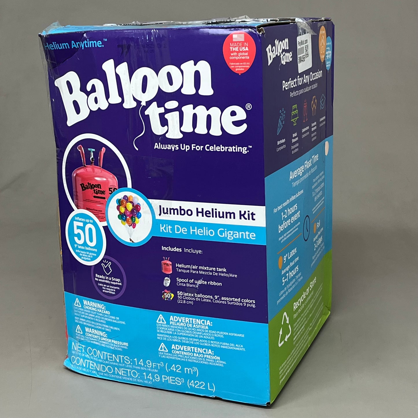 BALLON TIME Jumbo Helium Kit Contains 14.9 Cubic ft w/Balloons As-is Damaged Box