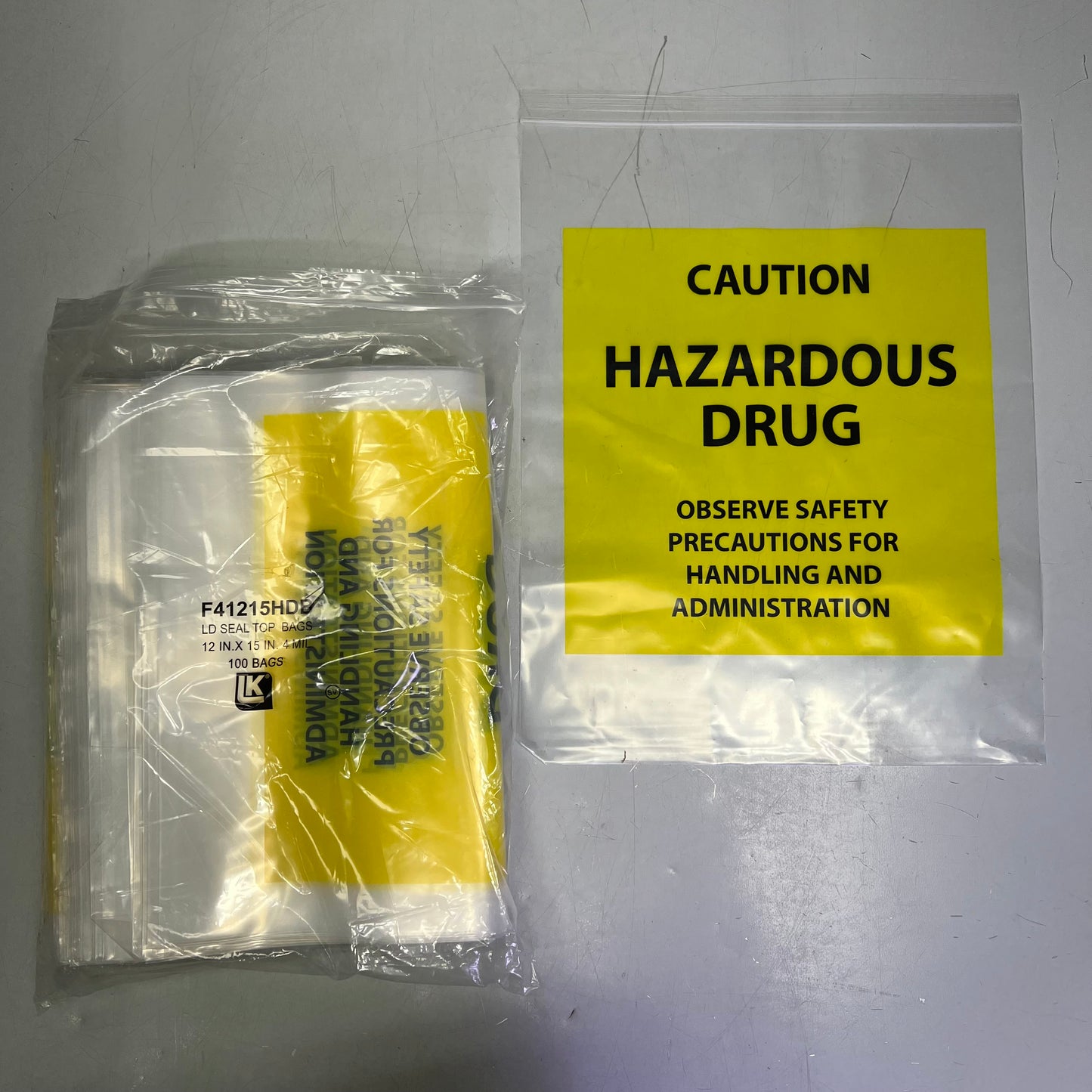 ZA@ LK PACKING  (100 PACK) Hazardous Drug Bags Zip Lock Top 12"x15" Clear/Yellow F41215HDB B