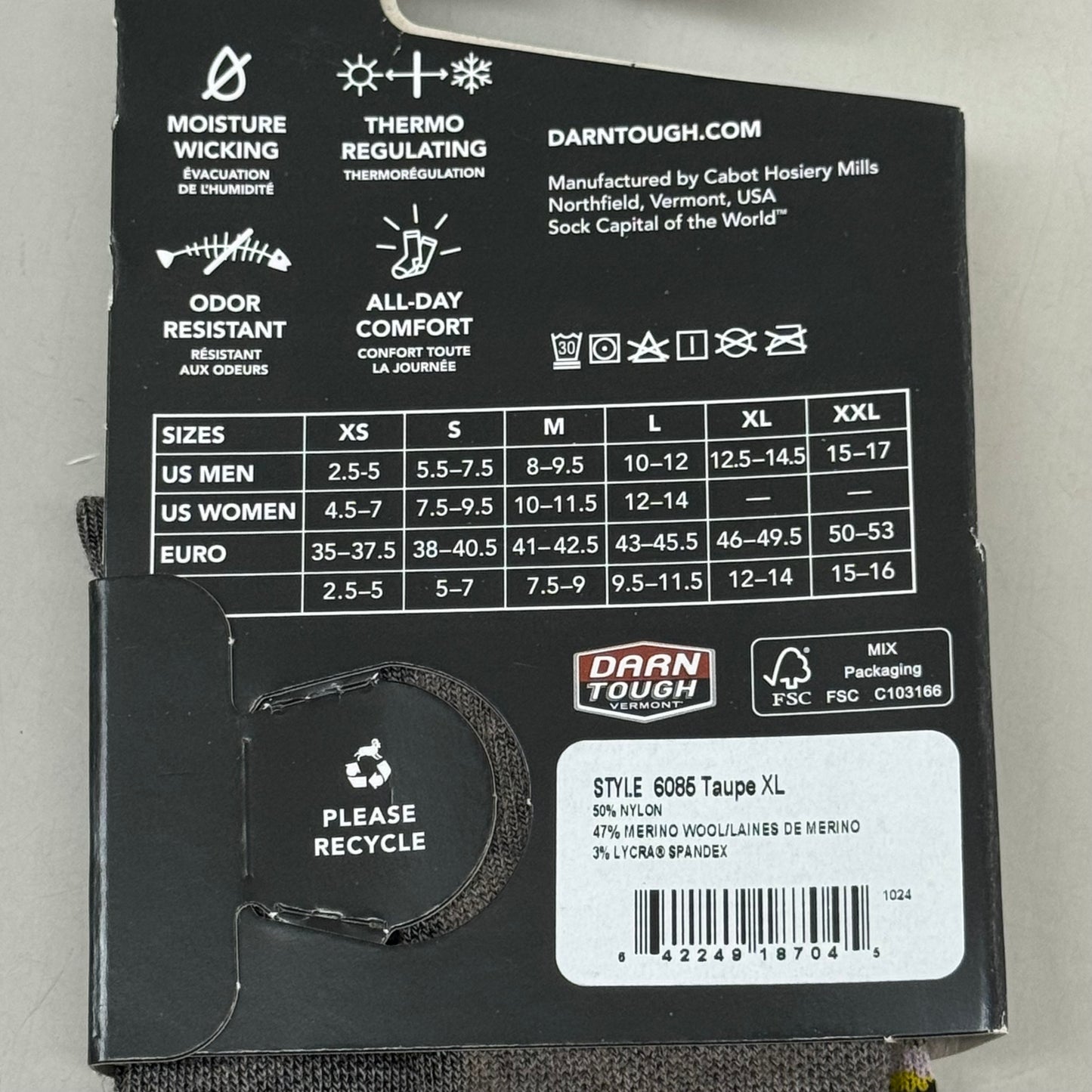 DARN TOUGH Lifestyle Fish Socks Crew Lightweight Merino Wool Men SZ XL 12.5-14.5 Taupe