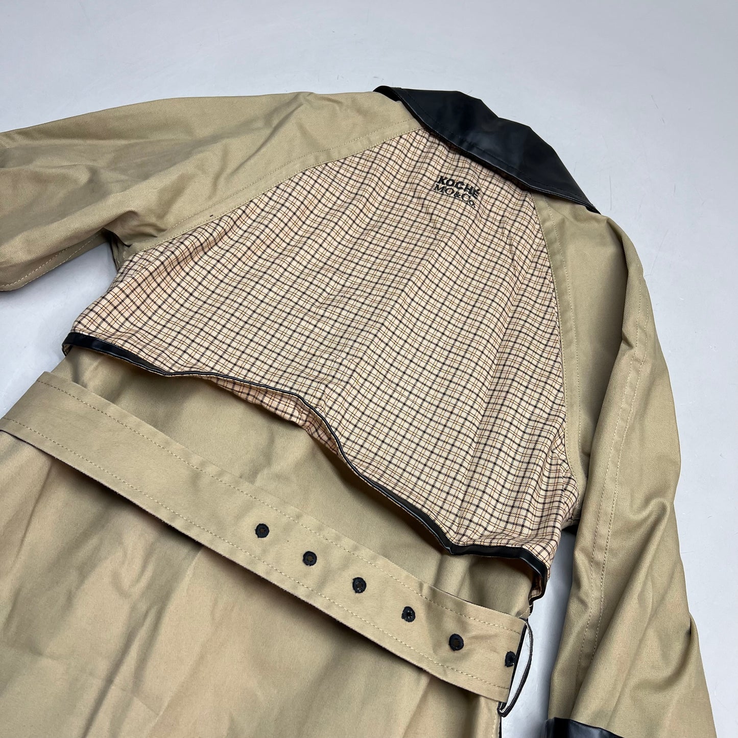 KOCHE MO & CO. Reversible Tie Around Trench Coat Unisex Sz M Khaki/Plaid/Black