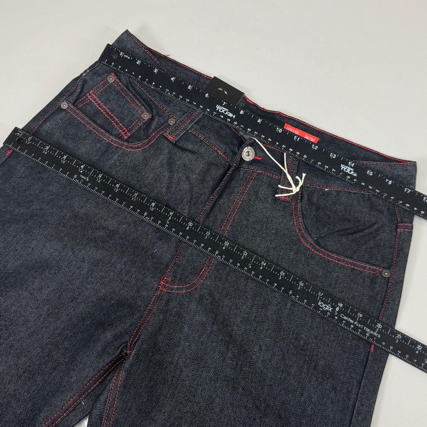 KAYDENK Raw Loose Fit Unwashed Denim Contrast Stitch Jean Men SZ 34/30 Black/Red